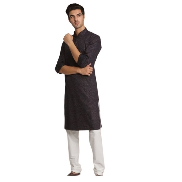 MANYAVAR Kurta Men's Size Medium Black Gray Multicolor Floral Printed - Picture 2 of 12